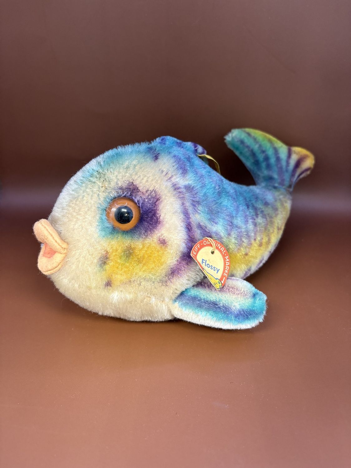 Plush. Germany. Steiff. Fish. &quot;Flossy.&quot; Blue, Purple, and Yellow Mohair. 10&quot;L