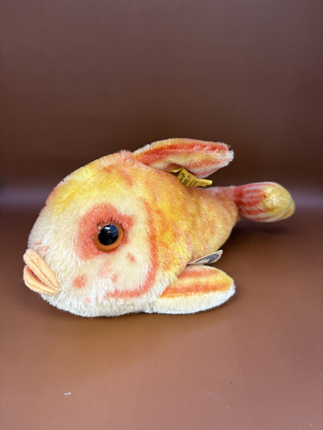 Plush. Germany. Steiff. Fish. &quot;Flossy.&quot; Orange, Red, and Yellow Mohair. 10&quot;L