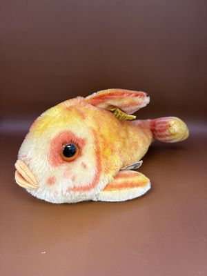 Plush. Germany. Steiff. Fish. "Flossy." Orange, Red, and Yellow Mohair. 10"L