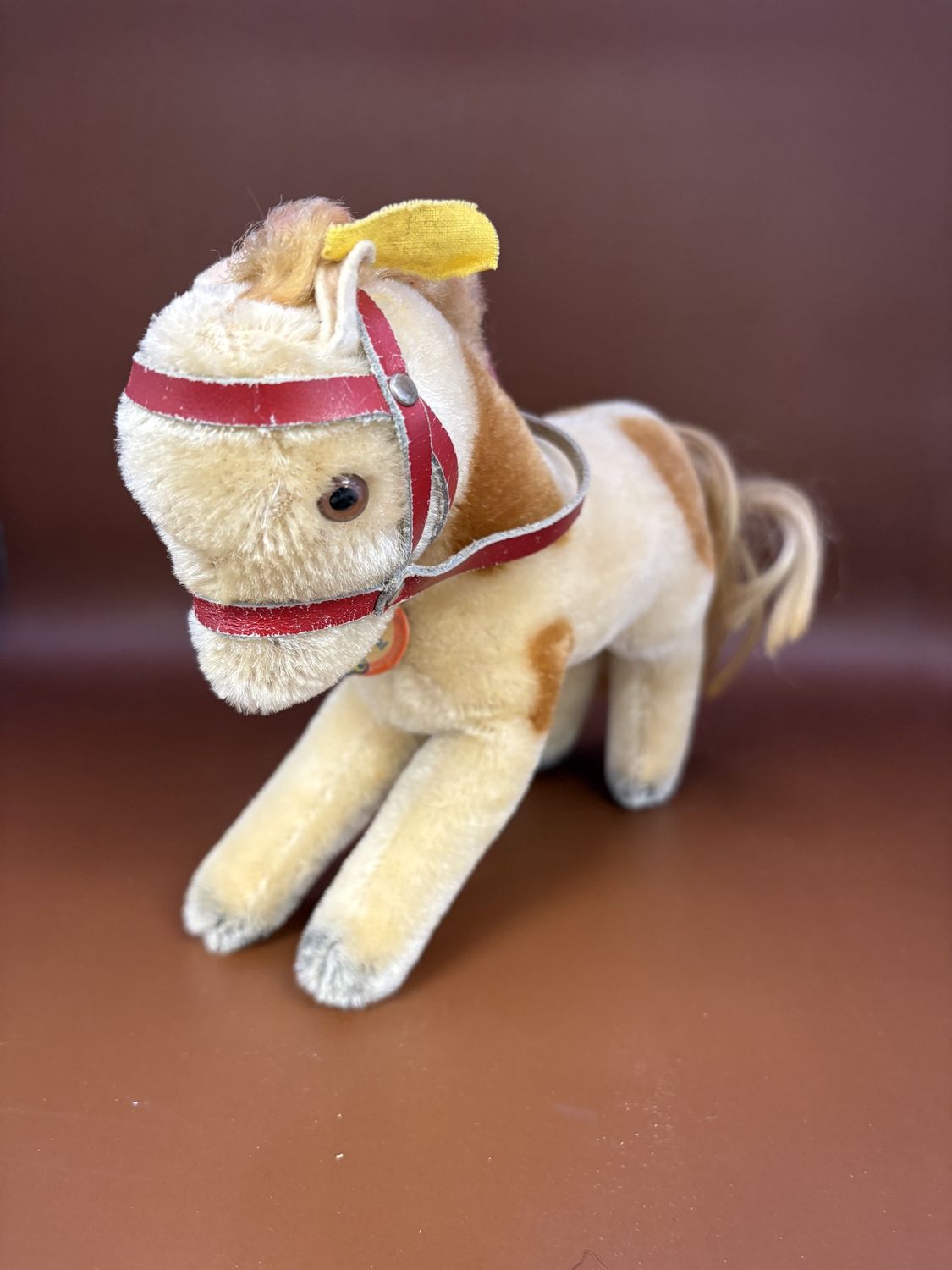Plush. Germany. Steiff. Pony. Vintage. Mohair. White &amp; Brown w/ Red Harness. 6&quot;H