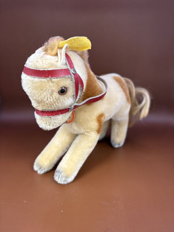 Plush. Germany. Steiff. Pony. Vintage. Mohair. White &amp; Brown w/ Red Harness. 6&quot;H