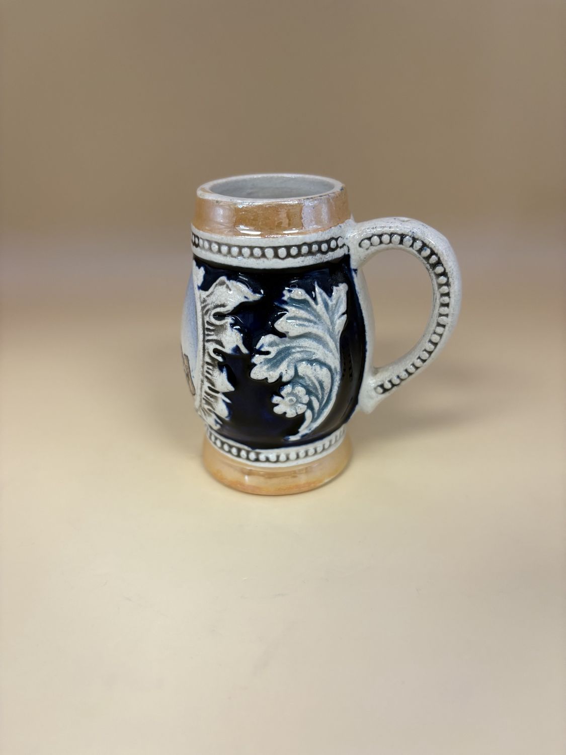 Stein. Germany. Trier Landscape Painting &amp; Floral Decal on Sides &amp; Text &quot;1959  Jahr d. Heligen Rockes.&quot; 3.25&quot;H