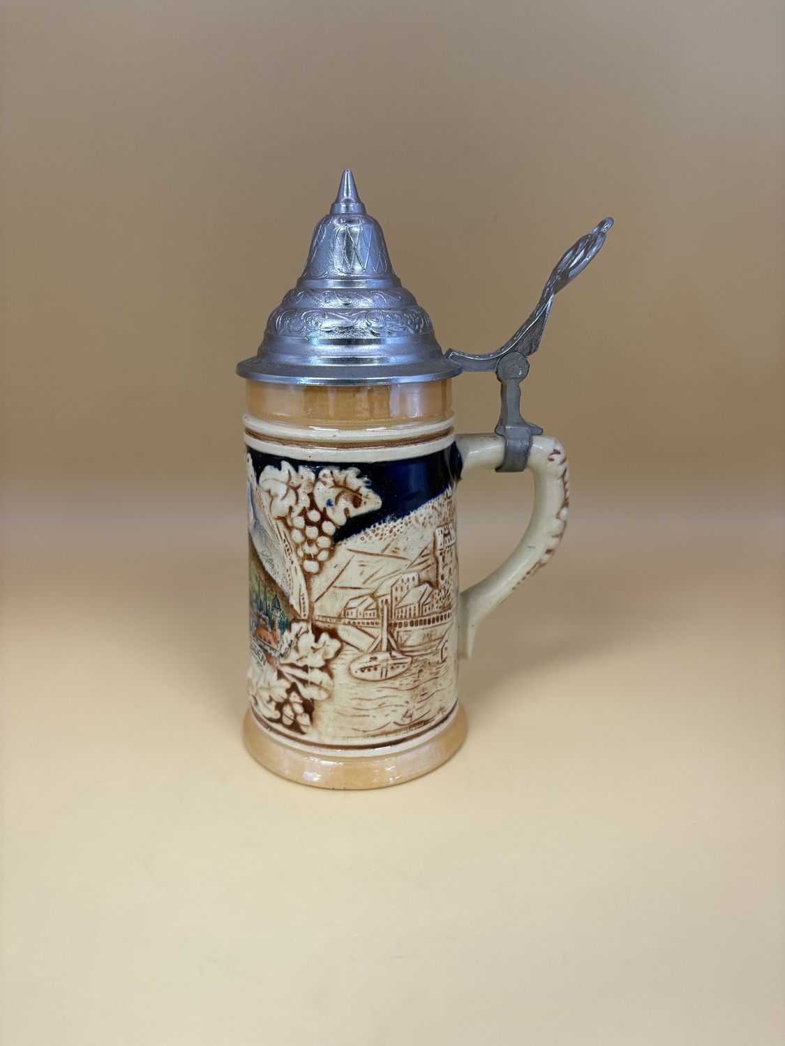Stein. Germany. Berchtesgaden Landscape Painted w/ Floral Decal on Sides and Pewter Lid. 6&quot;H