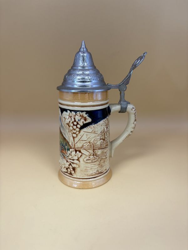 Stein. Germany. Berchtesgaden Landscape Painted w/ Floral Decal on Sides and Pewter Lid. 6&quot;H