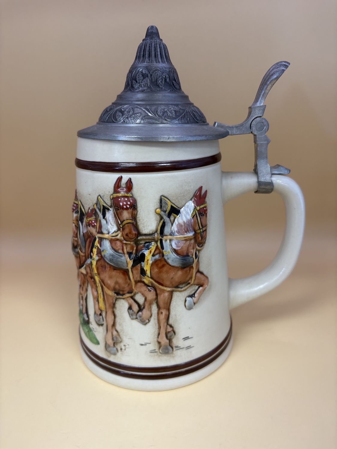 Stein. Germany. Beige Mug w/ Brewery Team of Horses and Pewter Lid. 8&quot;H
