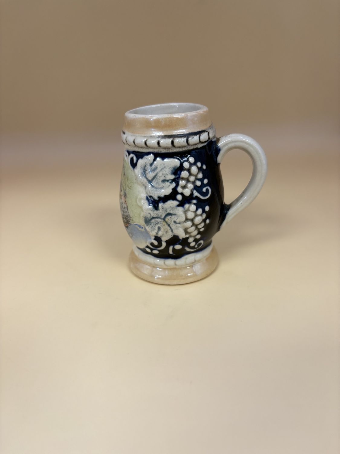 Stein. Germany. Mini Stein w/ Loreley Landscape Painting and Floral Decal on Sides. 3&quot;H