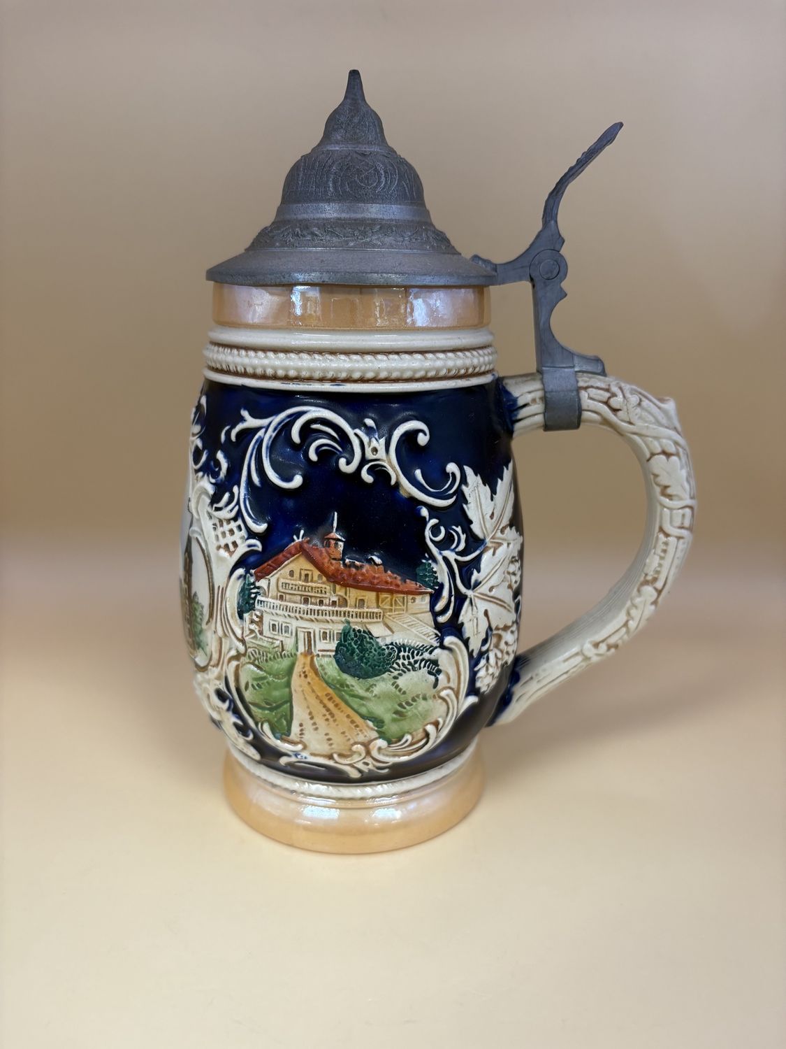 Stein. Germany. Berlin Landscape Painted w/ Houses on Sides. Pewter Lid. 8&quot;H