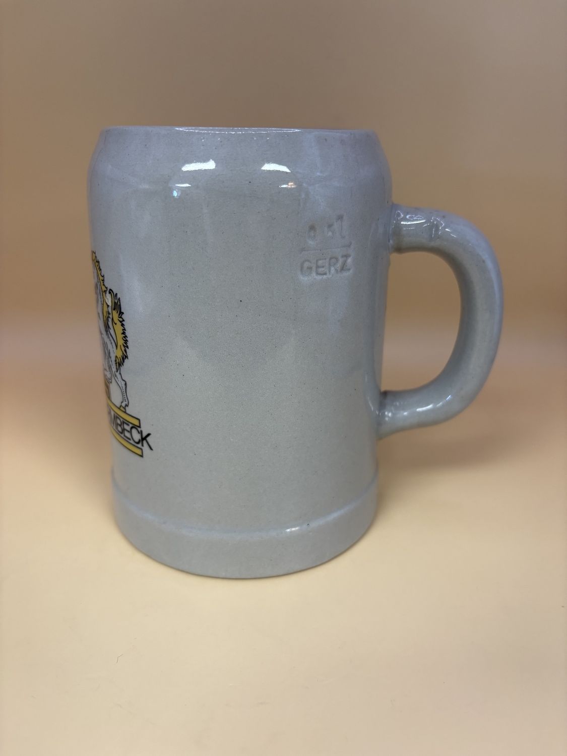 Stein. Germany. Beer Mug. Vintage. Grey w/ the Osterholz-Scharmbeck Coat of Arms. 5.25&quot;H