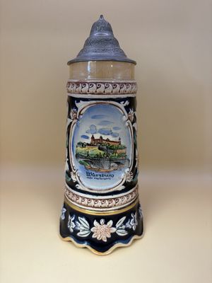 Stein. Germany. "Wurzburg reste Marienberg" Illustration w/ Text "Der erste Kub welch ein Genub! Der erste Zug nie lang genug!". 9"H