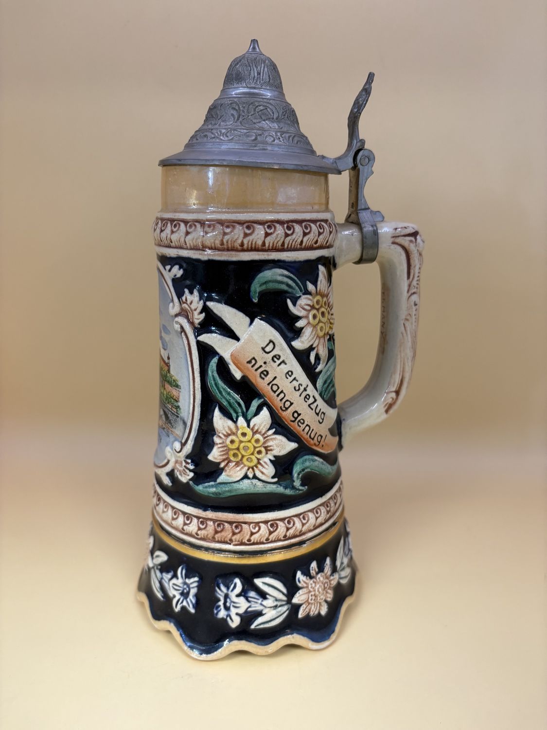 Stein. Germany. &quot;Wurzburg reste Marienberg&quot; Illustration w/ Text &quot;Der erste Kub welch ein Genub! Der erste Zug nie lang genug!&quot;. 9&quot;H