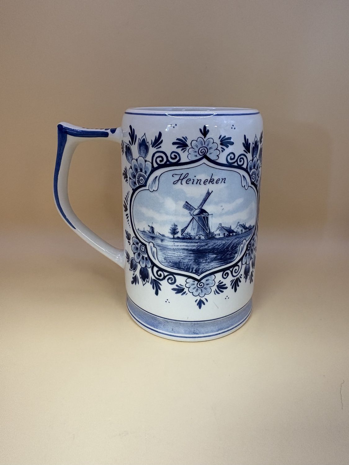 Pottery. Holland. Delft. Blue and White Tall Mug with &quot;Heineken&quot; Design. 5.25&quot;H