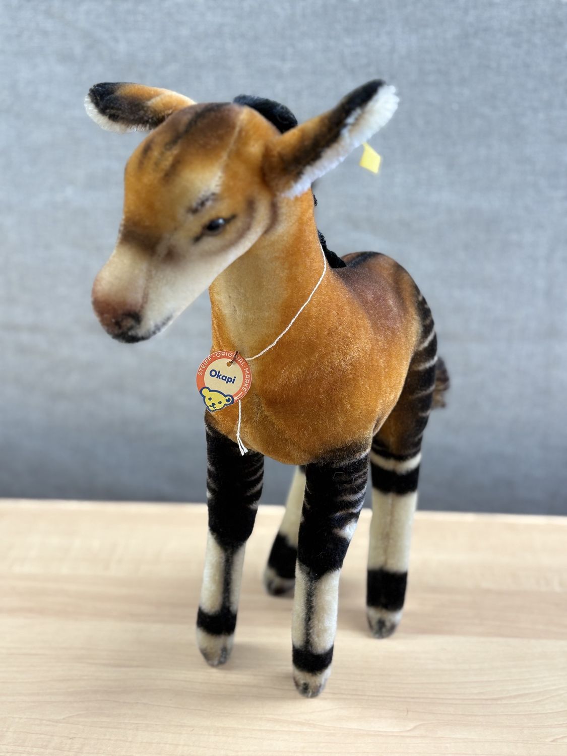 Plush. Germany. Steiff. Antelope. &quot;Okapi.&quot; Brown, White, and Black Mohair. 15.25&quot;H
