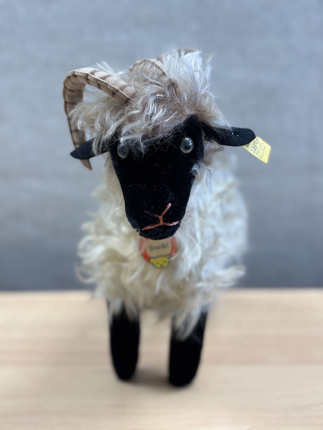 Plush. Germany. Steiff. Goat. &quot;Snucki.&quot; Black and White Mohair. 12.75&quot;H