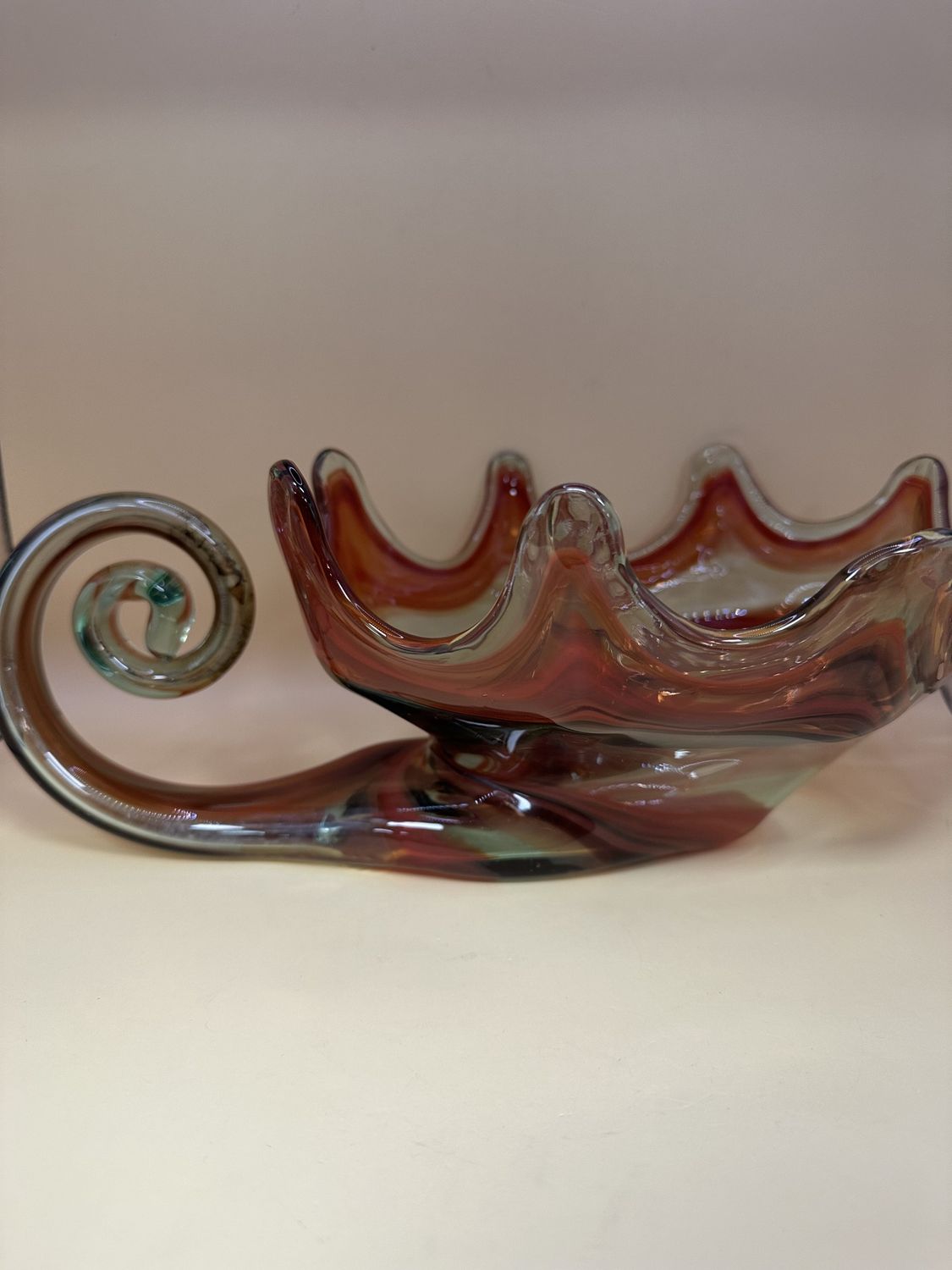 Glass. USA. Blown Glass Cornucopia Dish. 1950s. Orange. 12&quot;L