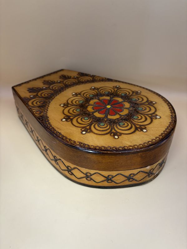 Jewelry Box. Germany. Wood Jewelry Box with Mirror. Brown w/Red, White, &amp; Green Design. 9.25&quot;W
