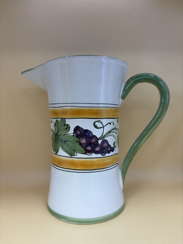 Ceramic. Italy. Pitcher. White w/ Green Rim &amp; Grape Design. 7.75&quot;H