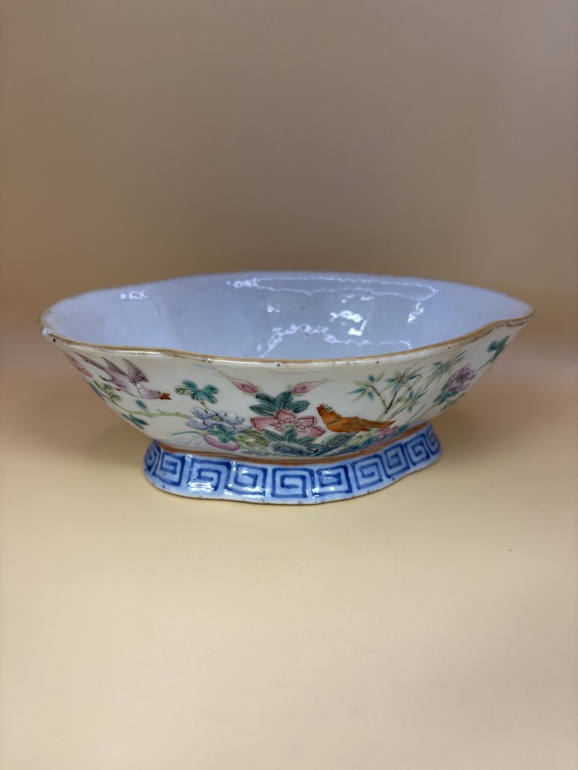 Porcelain. China. Oval Footed Dish w/Birds Flowers &amp; Blue Greek Key Design on Base. Antique. 7.75&quot;W