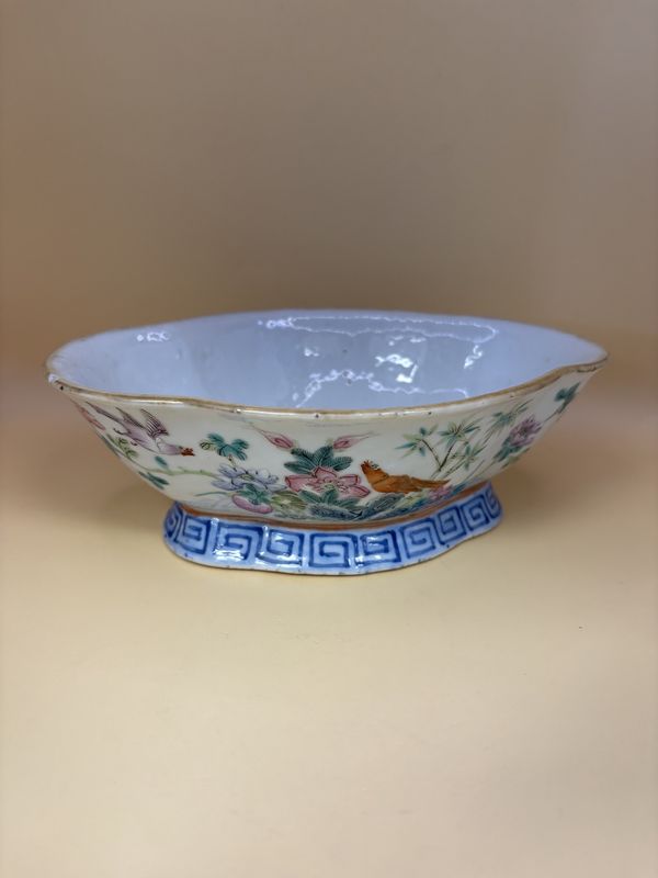 Porcelain. China. Oval Footed Dish w/Birds Flowers &amp; Blue Greek Key Design on Base. Antique. 7.75&quot;W