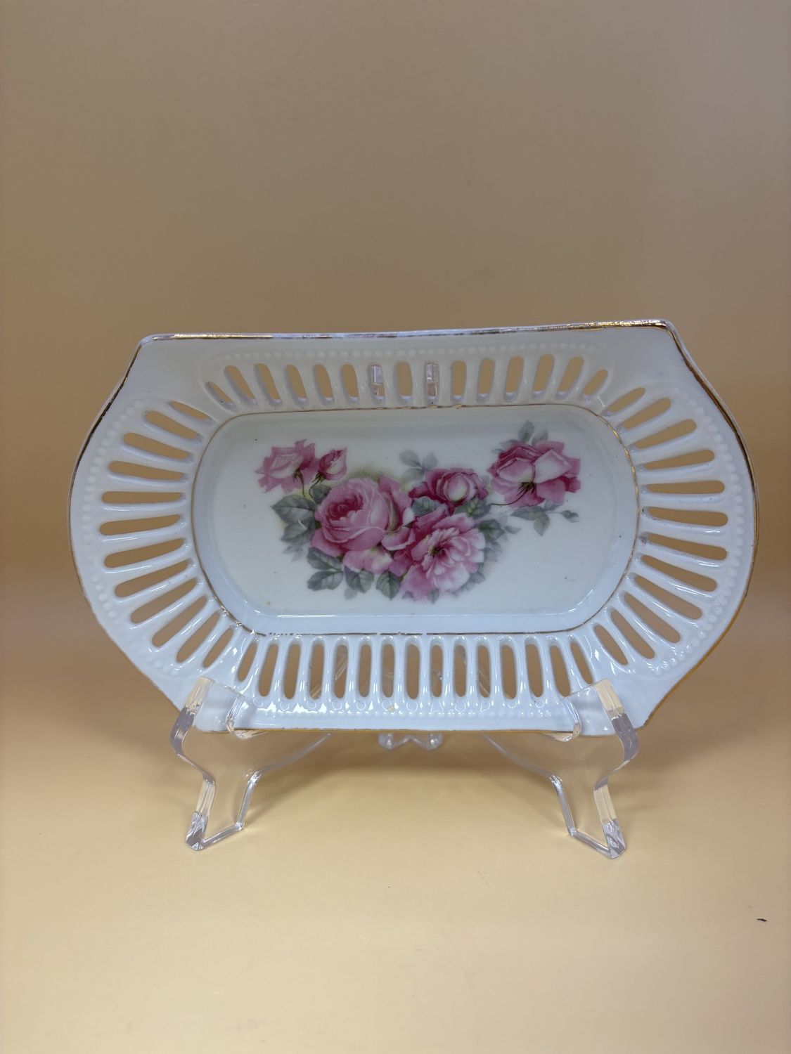 Porcelain. Germany. Rectangular Trinket Dish. White with Pink Floral Design. 6.25&quot;W