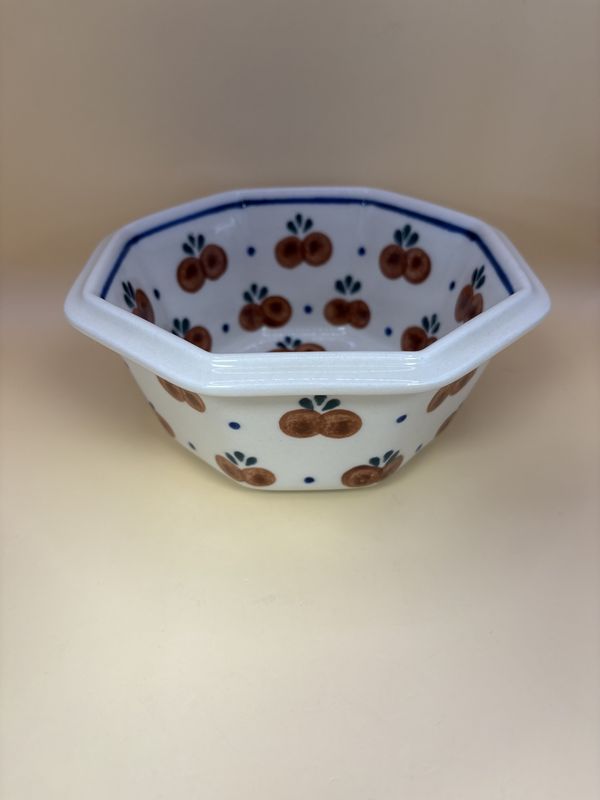 Pottery. Poland. Boleslawiec. Octagonal Bowl with Cherry Pattern. 6.5&quot;W