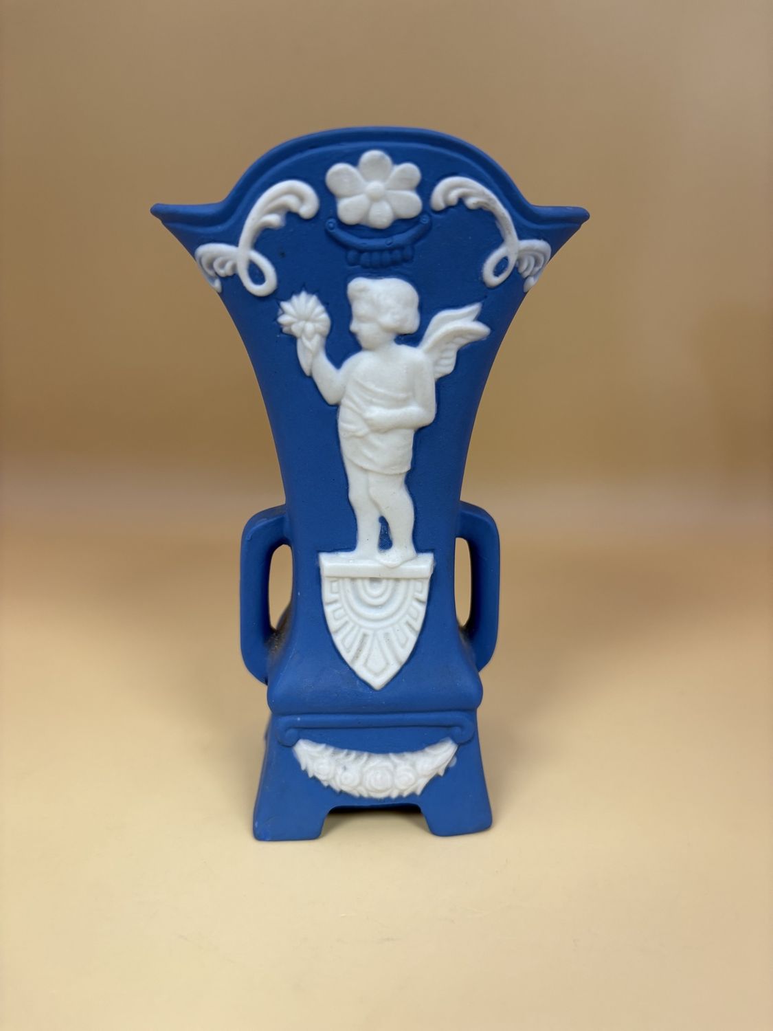 Jasperware. Japan. Small Vase. White Cherub Design.  Dark Blue &amp; White. 5.25&quot;H