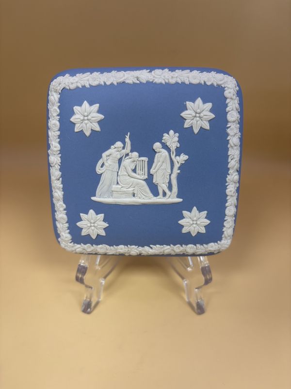 Jasperware. England. Wedgwood. Trinket Box. Square. Light Blue w/White Greek Characters &amp; Flowers. 4&quot;W