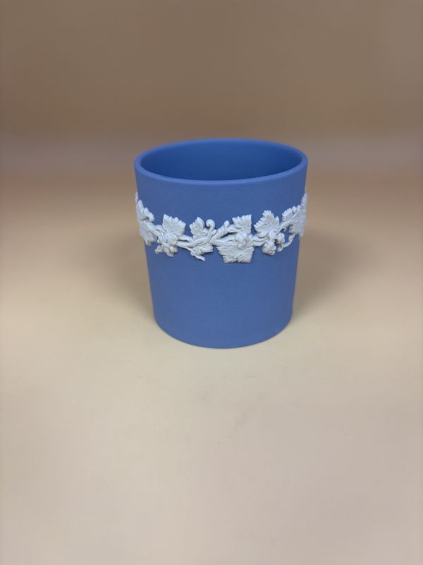 Jasperware. England. Wedgwood. Matches Pot. Light Blue  with White Floral Design. 2.5&quot;H