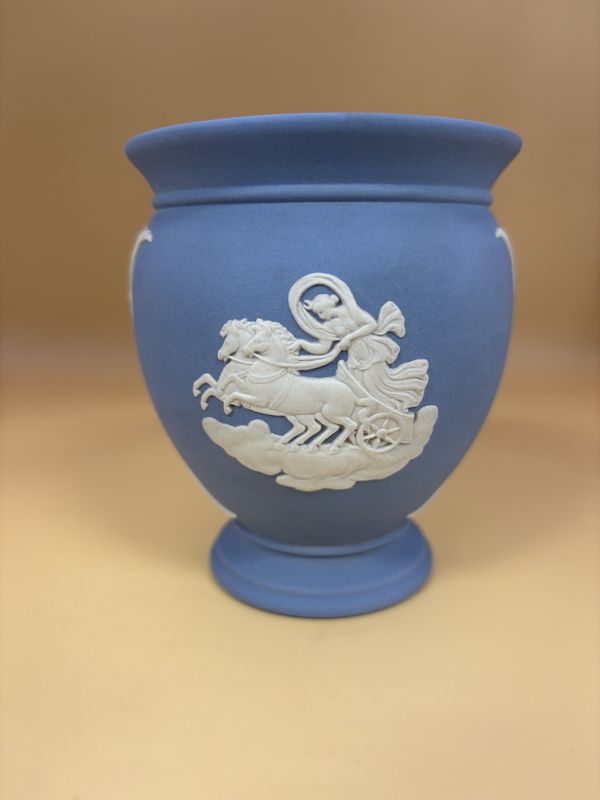 Jasperware. England. Wedgwood. Vase. Light Blue with White Greek Characters. 4&quot;H