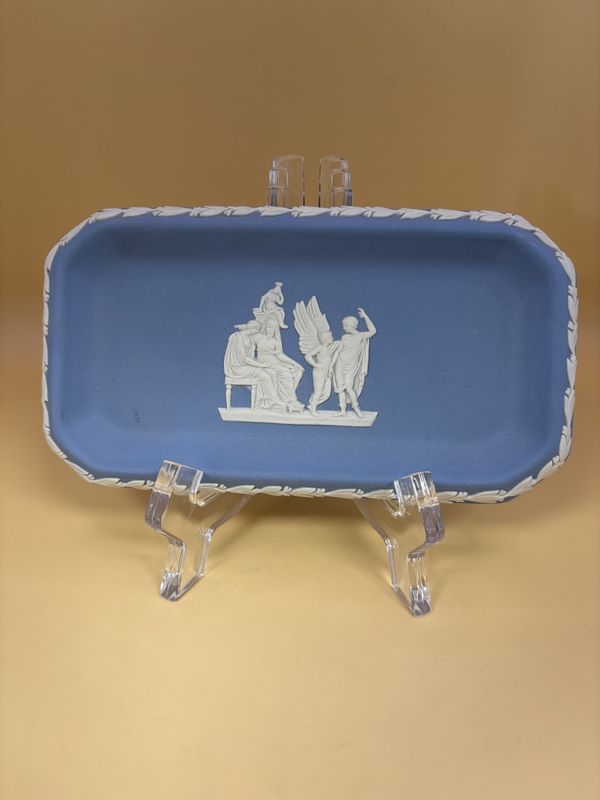 Jasperware. England. Wedgwood. Trinket Tray. Rectangular. Light Blue w/ White Greek Characters Design. 6.25&quot;W