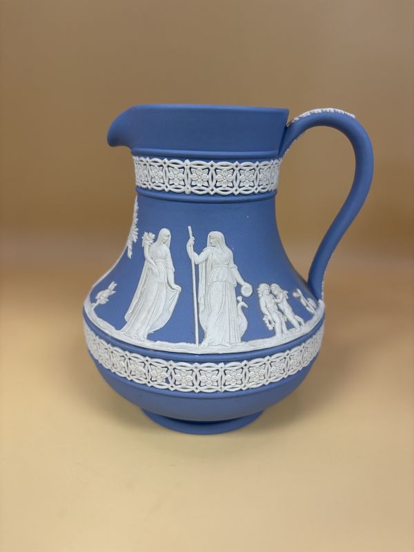 Jasperware. England. Wedgwood. Pitcher or Creamer w/Neoclassical Scene. Glossy Interior. Light Blue and White. 5&quot;H