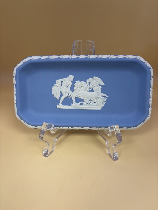 Jasperware. England. Wedgwood. Trinket Tray. Rectangular. Light Blue  w/White Greek Characters &amp; Horses Design. 6.25&quot;W