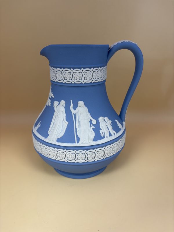 Jasperware. England. Wedgwood. Pitcher w/Neoclassical Scene Design. Light Blue and White. 6&quot;H