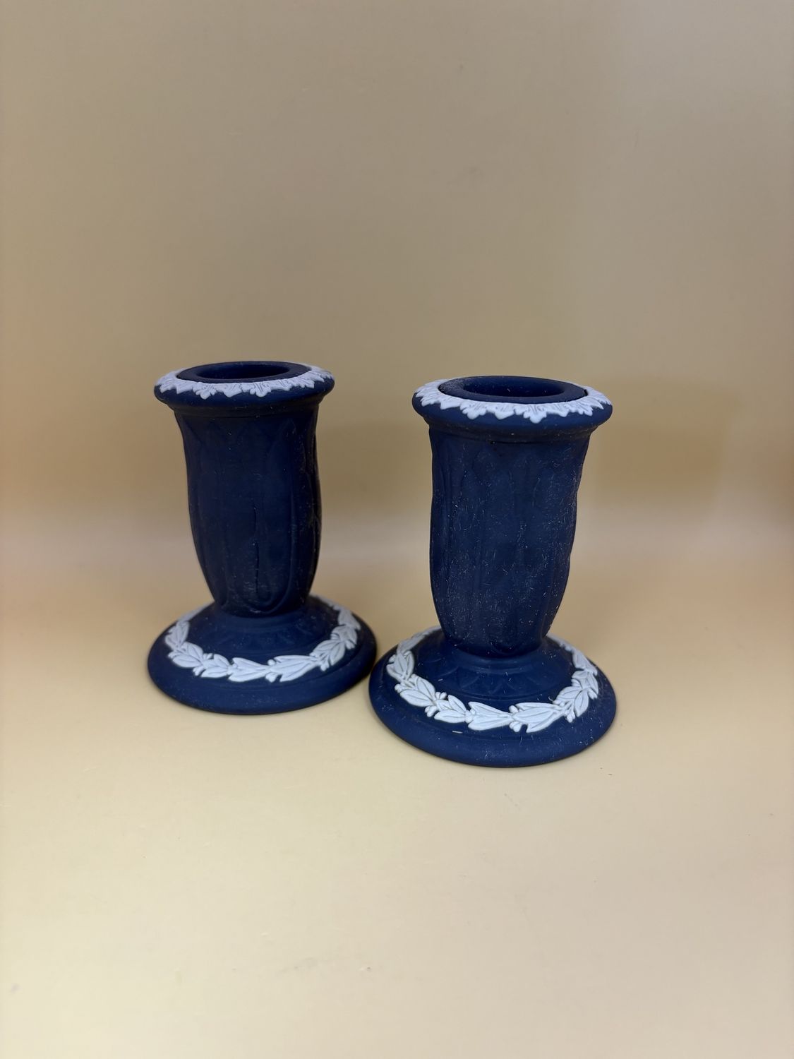 Jasperware. England. Wedgwood. Candle Holders (Set of 2). Dark Blue. 3.5&quot;H
