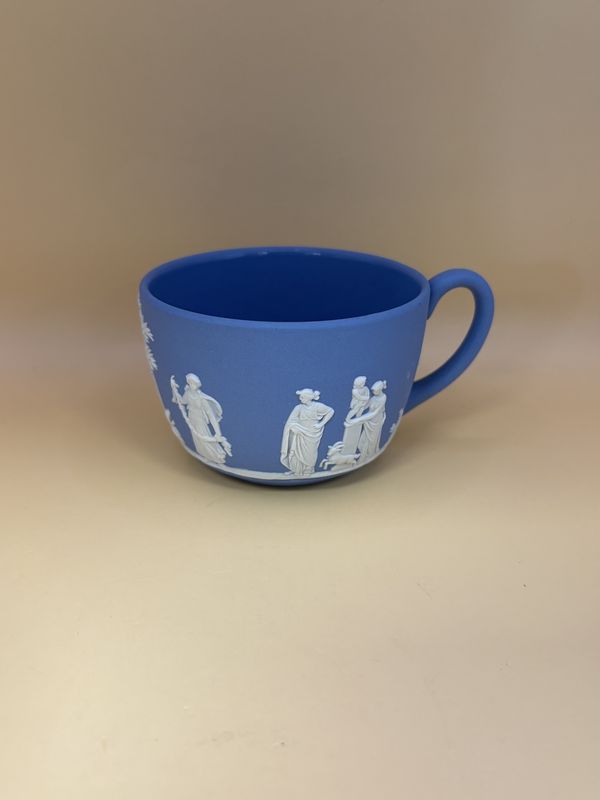 Jasperware. England. Wedgwood. Tea Cup. Light Blue w/White Relief Neoclassical Design. Glossy Interior. 2.25&quot;H