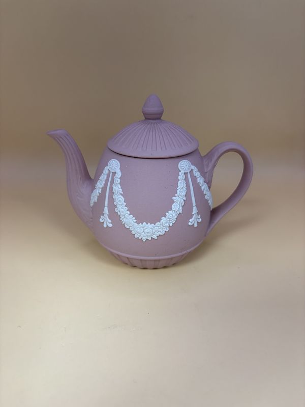 Jasperware. England. Wedgwood. Miniature Teapot. Pink w/White Floral Design. 4&quot;H