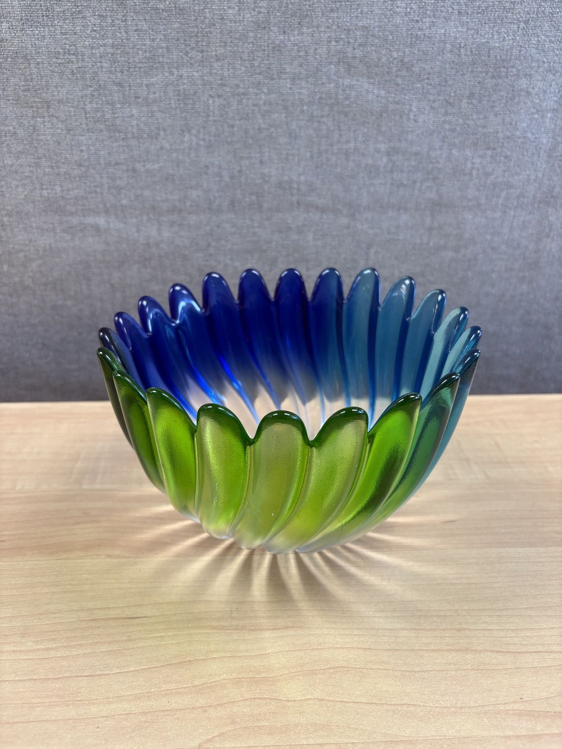 Glass. Germany. Walther &amp; Sohne. Blue and Green Bowl w/Scalloped Edge. 4.75&quot;H