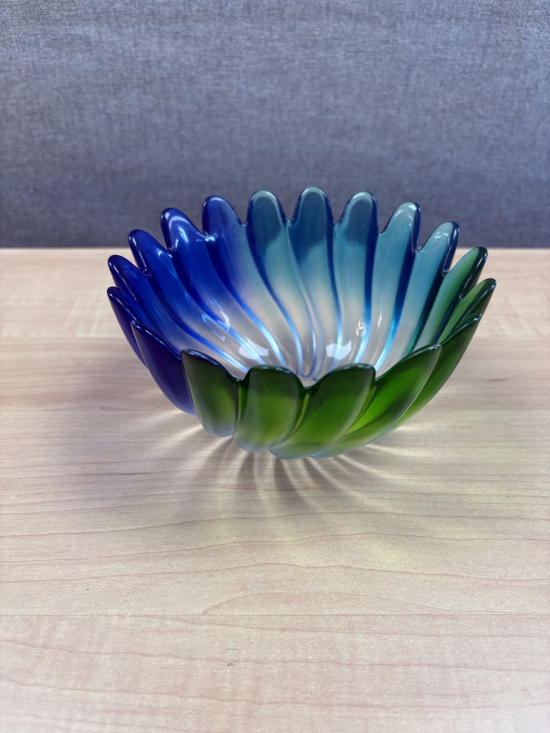 Glass. Germany. Walther &amp; Sohne. Small Blue and Green Bowl w/Scalloped Edge. 3.25&quot;H