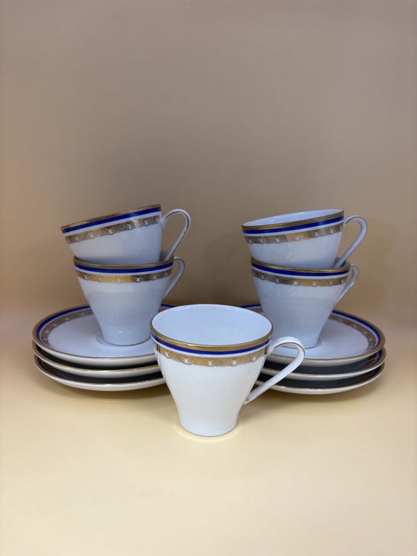 Porcelain. Germany. Bareuther. 5 Place Espresso Set. White w/Blue and Gold Rim. 2.5&quot;H