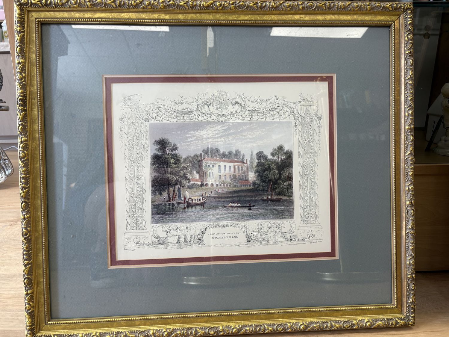 Artwork. England. Set of 2 Framed Prints. &quot;Tombelson&#39;s Views of the Thames &amp; Medway&quot; Series: &quot;Twickenham. Seat of Drummond&quot; &amp; &quot;Garrick&#39;s Villa.&quot; Gold Frames w/Glass. 26.5&quot;W x 23&quot;H