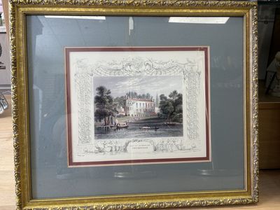Artwork. England. Set of 2 Framed Prints. "Tombelson's Views of the Thames &amp; Medway" Series: "Twickenham. Seat of Drummond" &amp; "Garrick's Villa." Gold Frames w/Glass. 26.5"W x 23"H