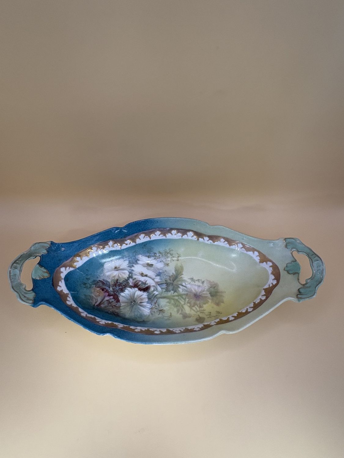 Porcelain. Germany. Bauer Rosenthal &amp; Co. Blue and Green Handled Tray w/Floral Details. 9.25&quot;W