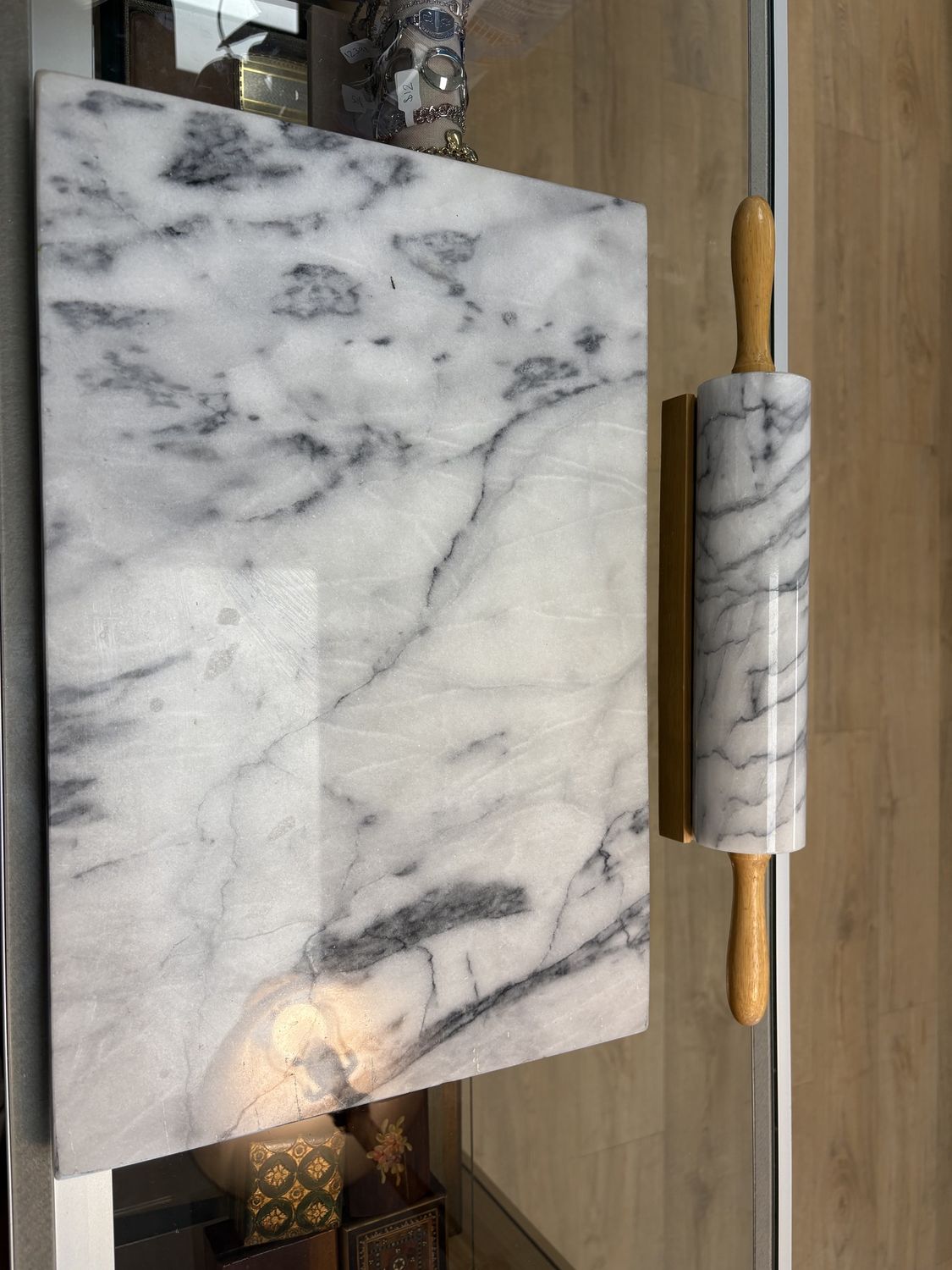 Kitchen Misc. Marble Cutting Board (18Wx12L) and Rolling Pin (10.25W) w/ Holder.