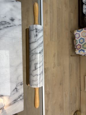 Kitchen Misc. Marble Cutting Board (18Wx12L) and Rolling Pin (10.25W) w/ Holder.