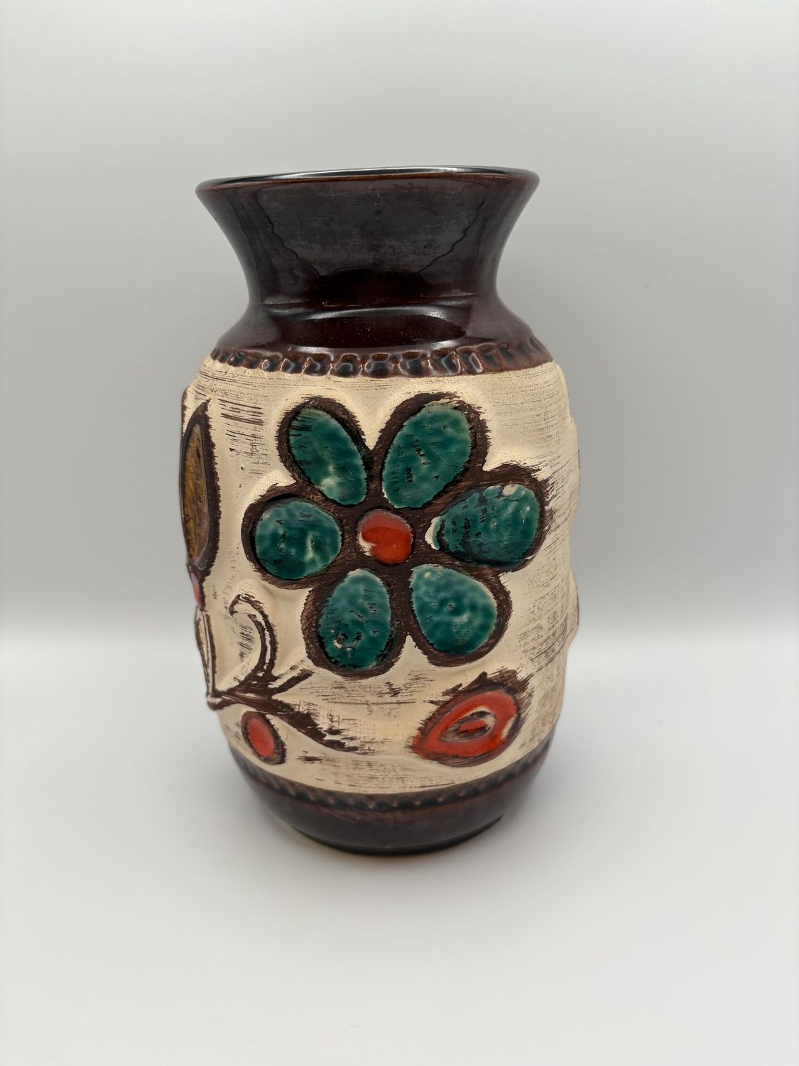 Pottery. West Germany. Bay Keramik. Borwn Vase w/Blue and Orange Floral Design. 8.25&quot;H