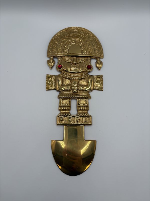 Decor. Peru. Brass Tumi (Ceremonial Blade) w/Ruby Accents. 10.5&quot;H