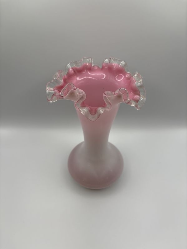 Glass. USA. Fenton. White Milk Glass w/Pink Cased Interior. Vase w/Ruffled Edge. 8.5"H