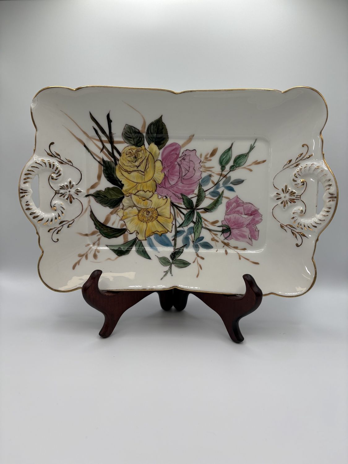 Porcelain. France. Limoges. Antique (1882-1890) Rectangular Tray w/ Floral and Gold Details. 12.5&quot;W