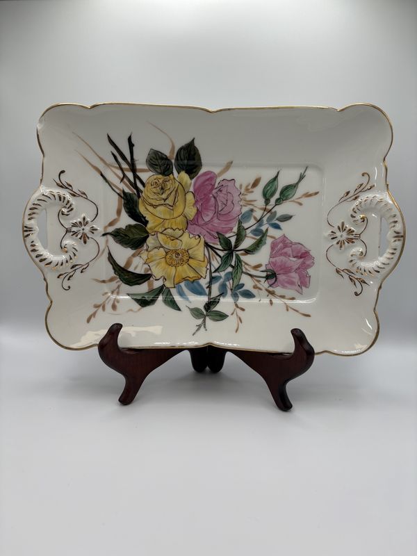 Porcelain. France. Limoges. Tray. Rectangular w/ Floral &amp; Gold Details. Antique (1882-1890). 12.5&quot;W
