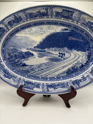 Ceramic. USA. Lamberton. Serving Platter. Baltimore and Ohio Railroad. White &amp; Blue. Vintage (1927). 15.75"W