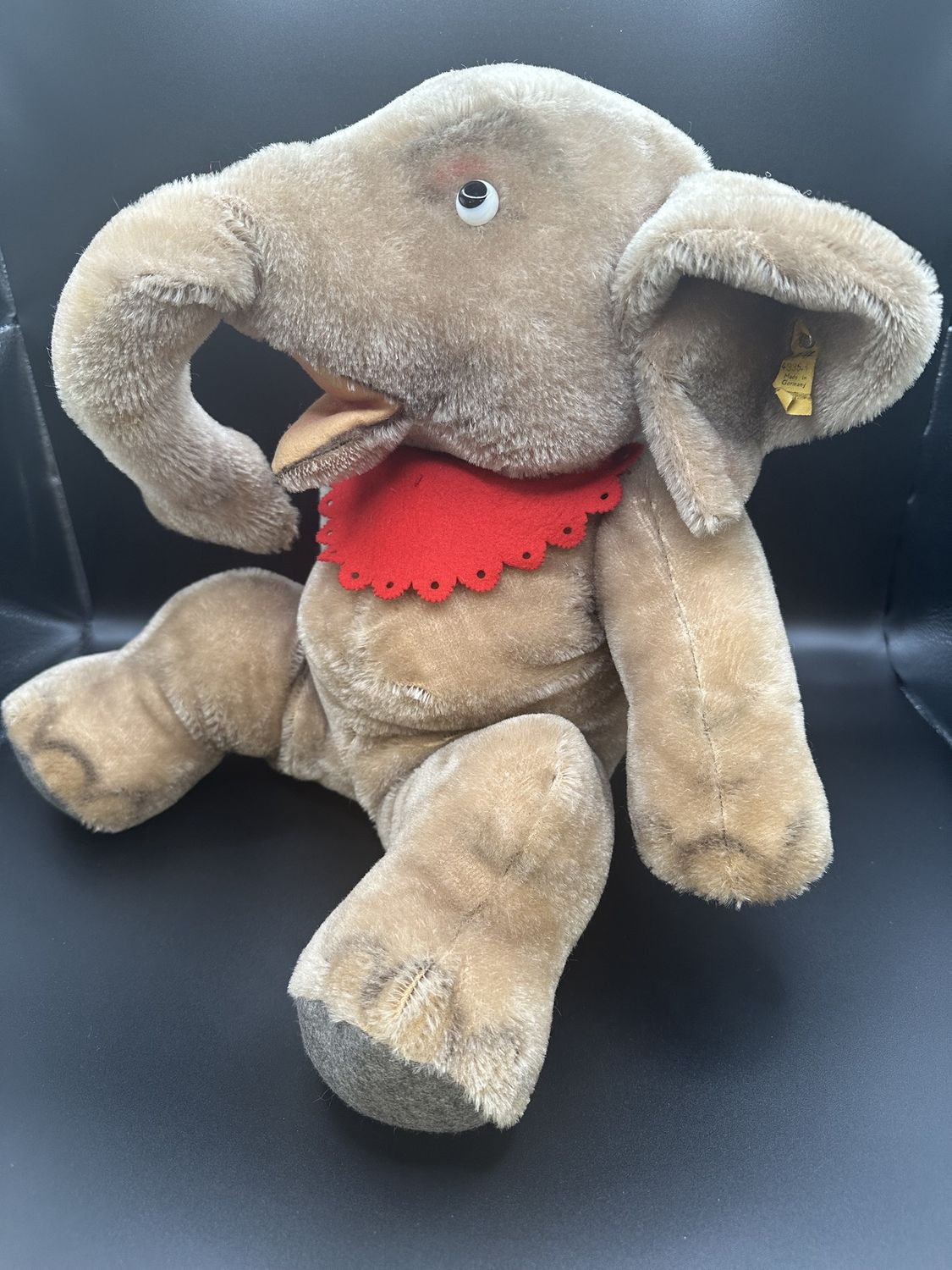 Plush. Germany. Steiff. Elephant. &quot;Jumbo&quot;. Light Grey Mohair w/ Red Bib. Vintage (1950s/60s). 14&quot;H